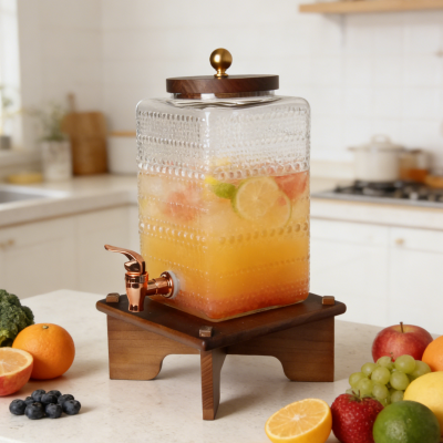 Firkantet glassdispenser med treaksenter